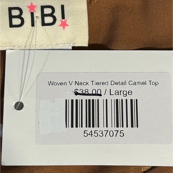BiBi Women's V-Neck Long Sleeve Oversized Swiss Dot Camel Top Tie Front NWT - Picture 5 of 7